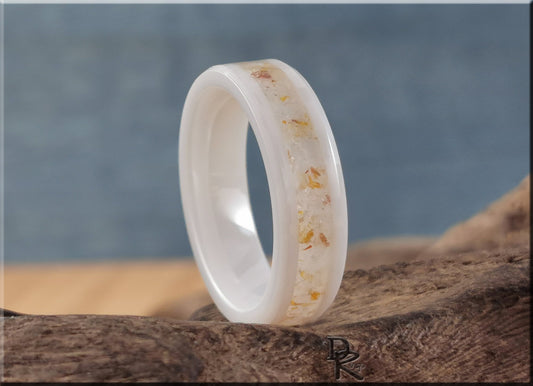 Polished White Ceramic Channel Ring w/Golden Healer Quartz inlay - ceramic ring