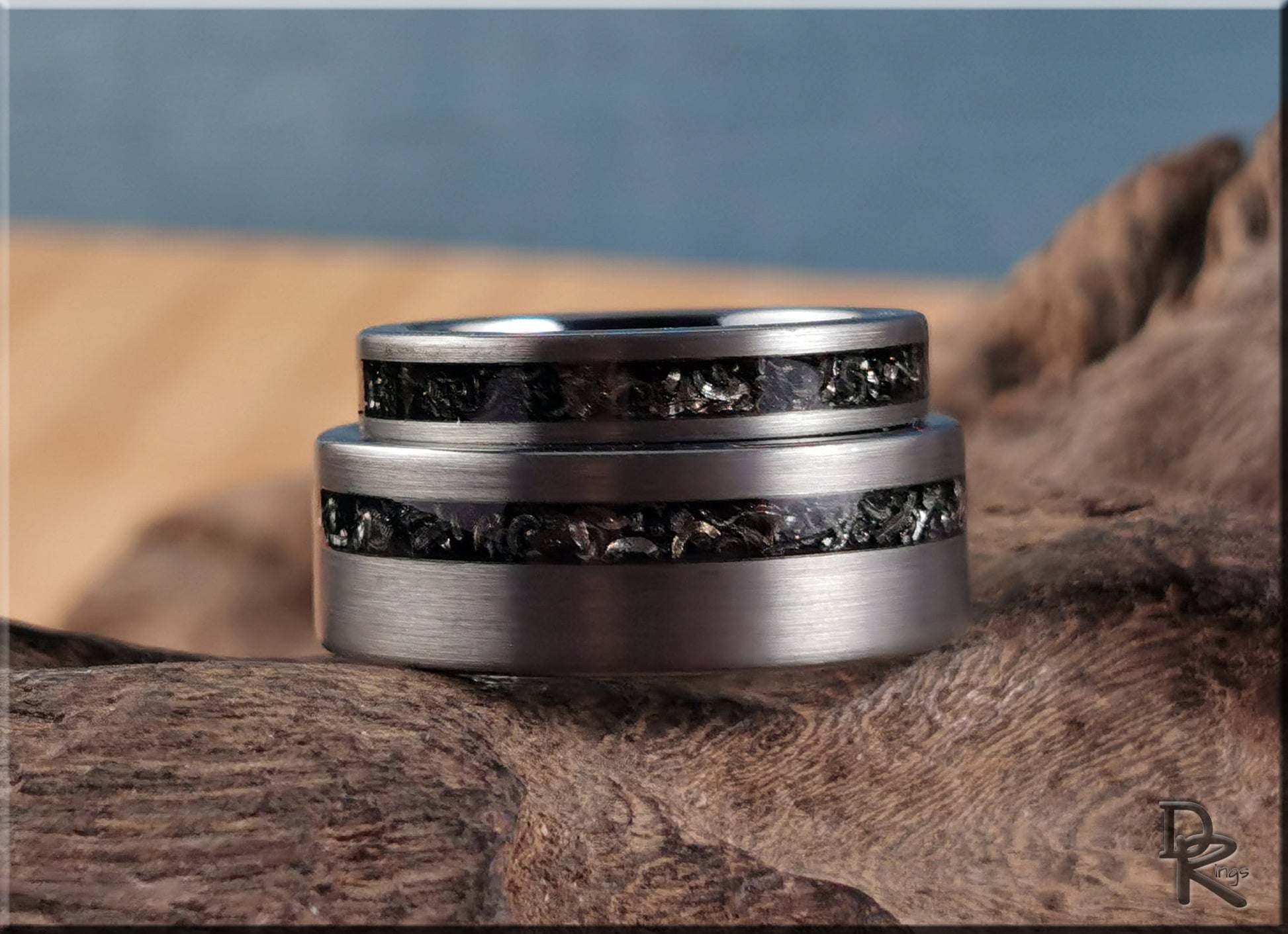 Brushed Tungsten Carbide Channel Ring Set w/Meteorite inlays - tungsten ring set