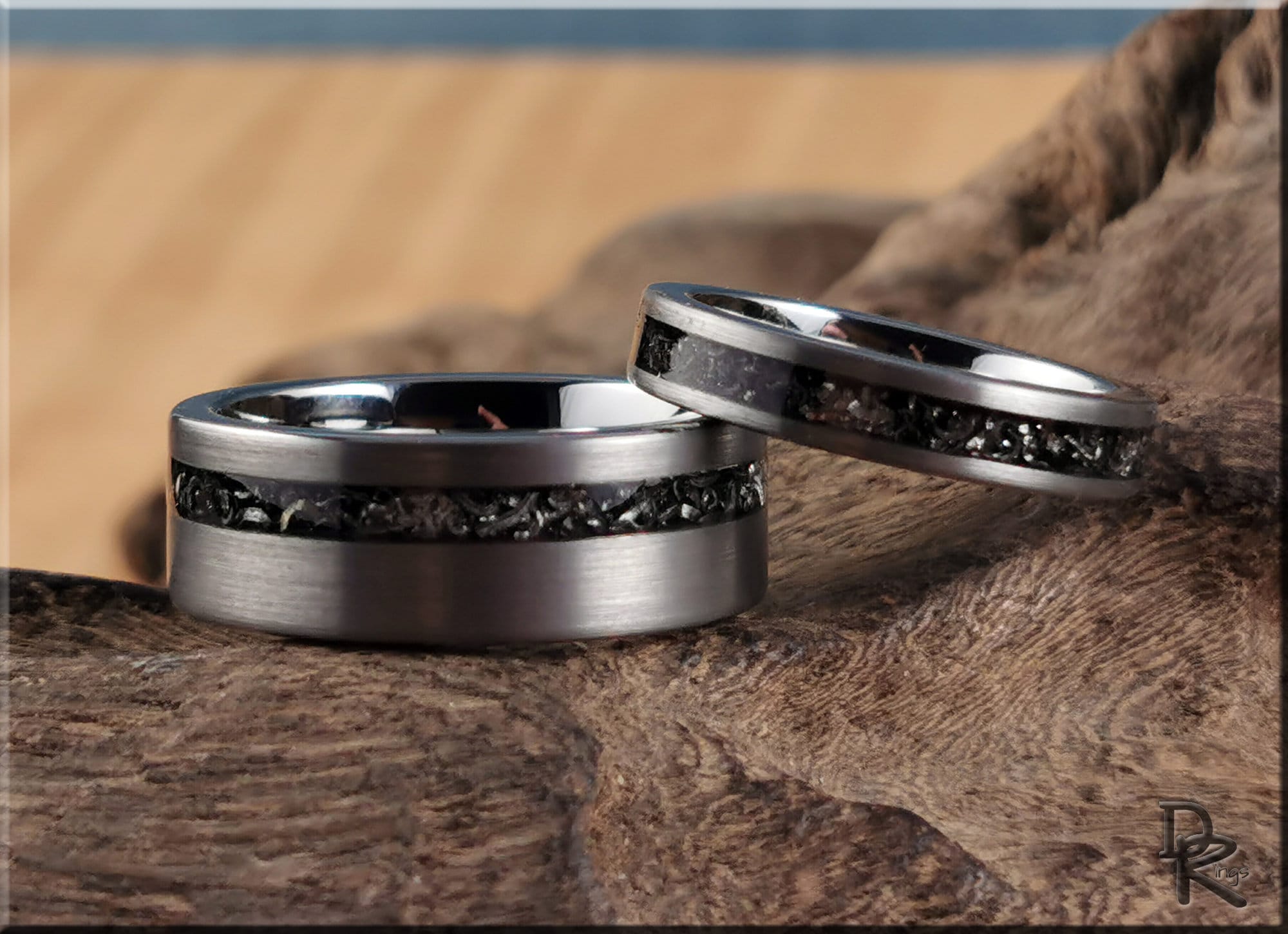 Brushed Tungsten Carbide Channel Ring Set w/Meteorite inlays - tungsten ring set