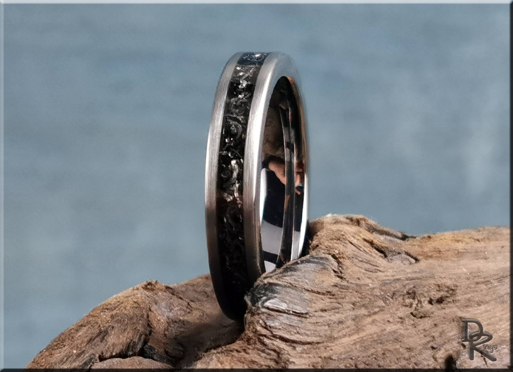 Brushed Tungsten Carbide Channel Ring w/offset Meteorite inlay - metal ring