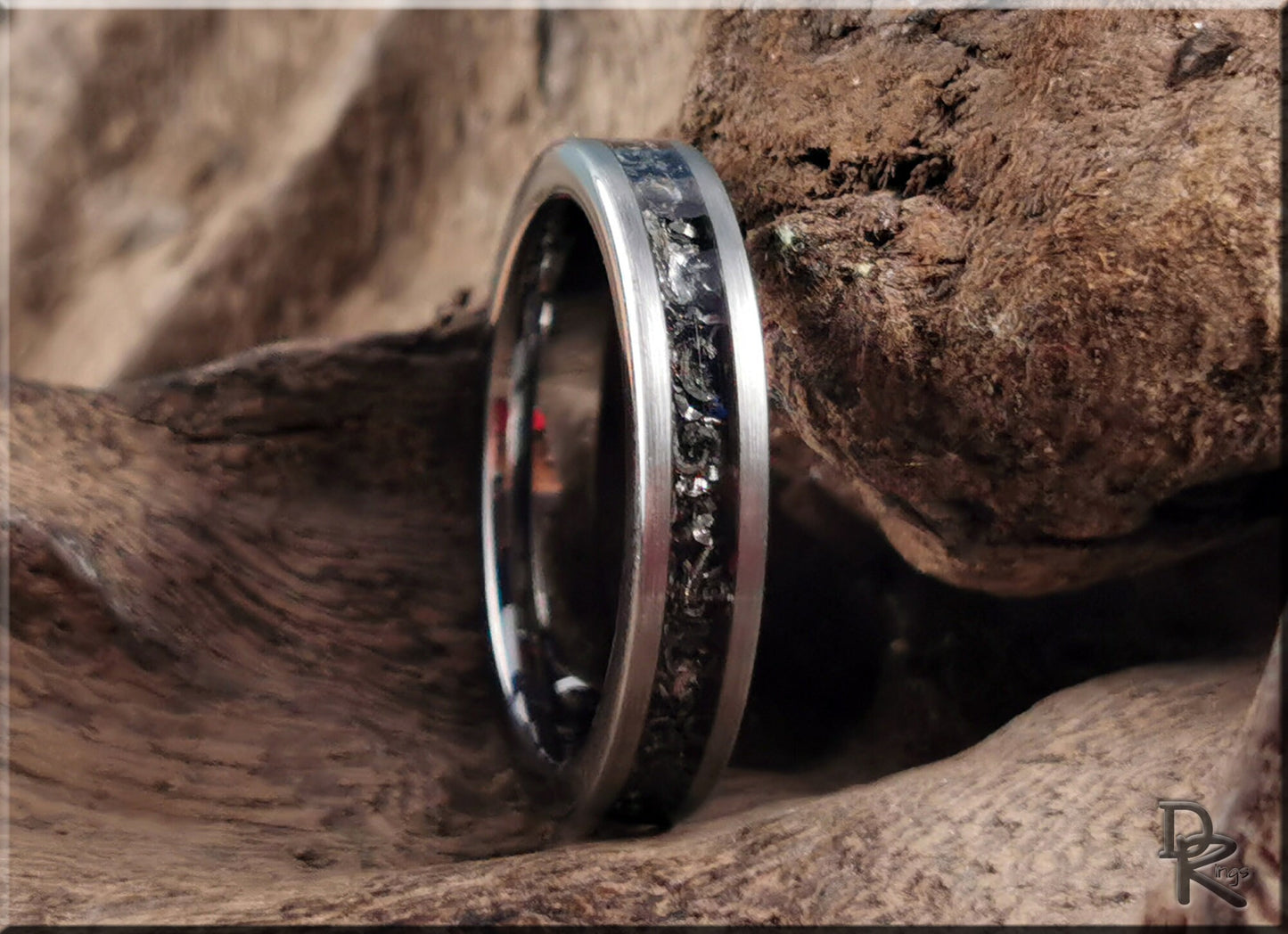 Brushed Tungsten Carbide Channel Ring w/offset Meteorite inlay - metal ring