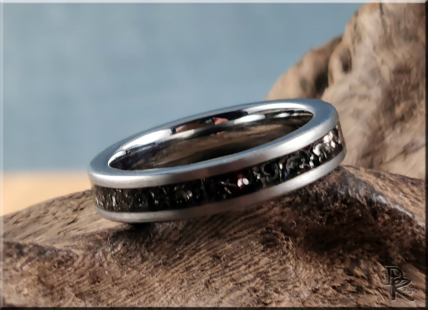 Brushed Tungsten Carbide Channel Ring w/offset Meteorite inlay - metal ring