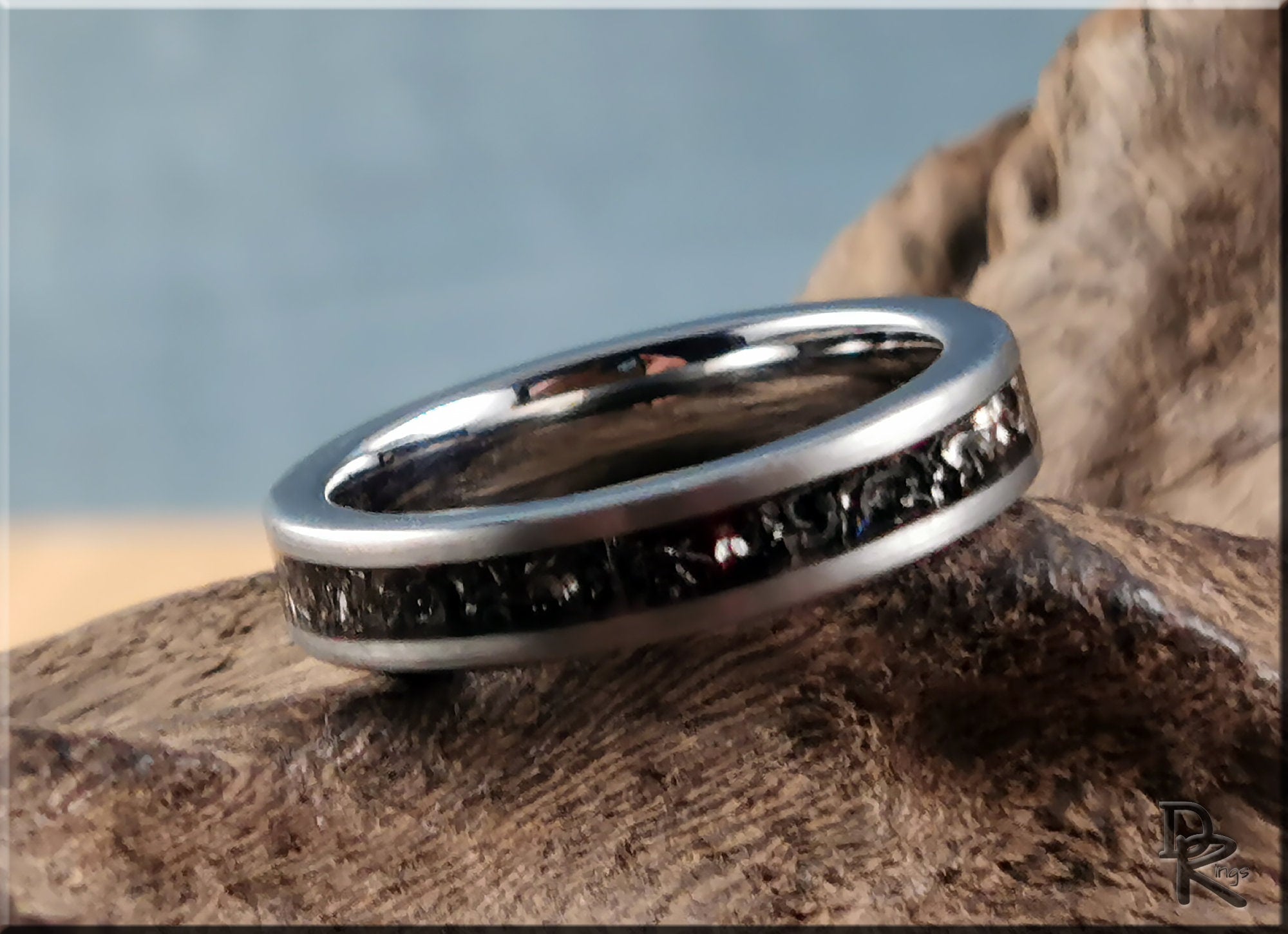 Brushed Tungsten Carbide Channel Ring w/offset Meteorite inlay - metal ring