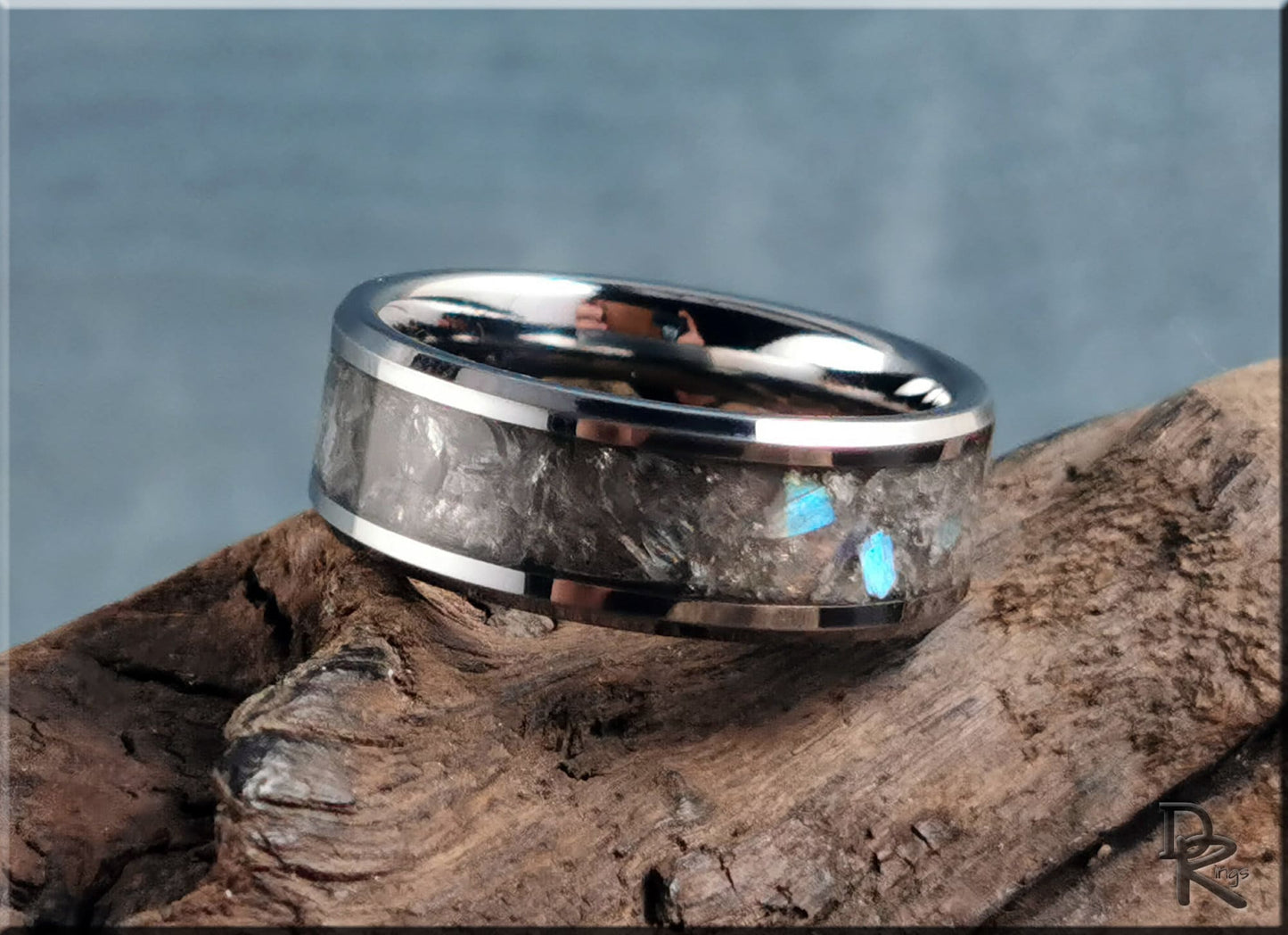 Polished Tungsten Carbide Channel Ring w/Labradorite stone inlay - ceramic ring