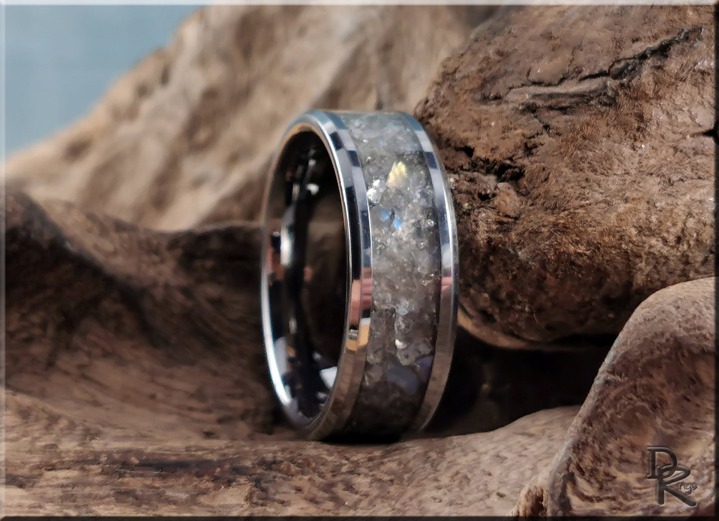 Polished Tungsten Carbide Channel Ring w/Labradorite stone inlay - ceramic ring