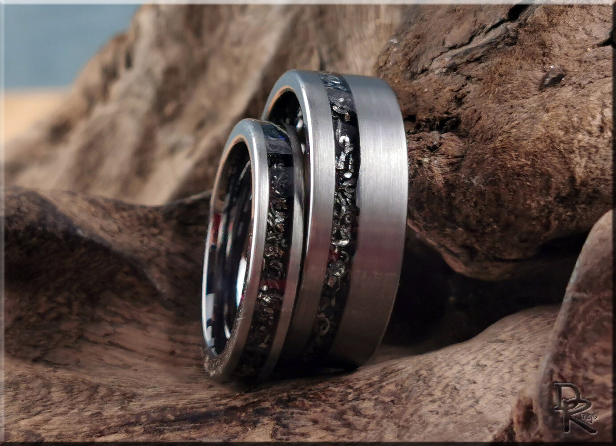 Brushed Tungsten Carbide Channel Ring Set w/Meteorite inlays - tungsten ring set