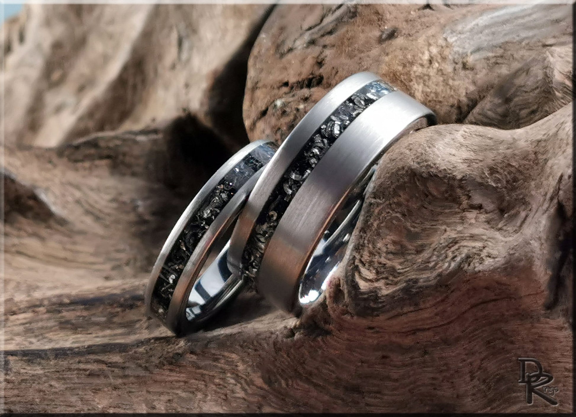 Brushed Tungsten Carbide Channel Ring Set w/Meteorite inlays - tungsten ring set