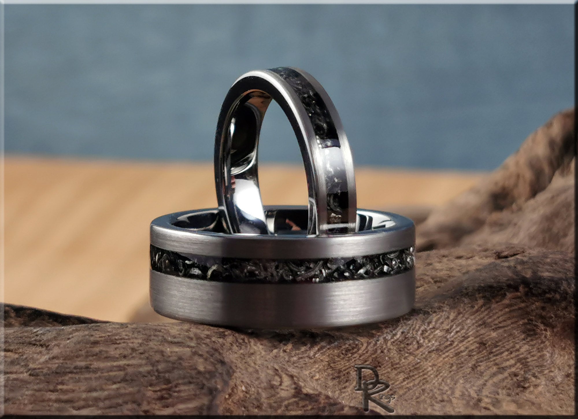 Brushed Tungsten Carbide Channel Ring Set w/Meteorite inlays - tungsten ring set