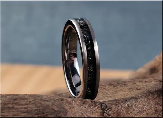 Brushed Tungsten Carbide Channel Ring w/offset Meteorite inlay - metal ring