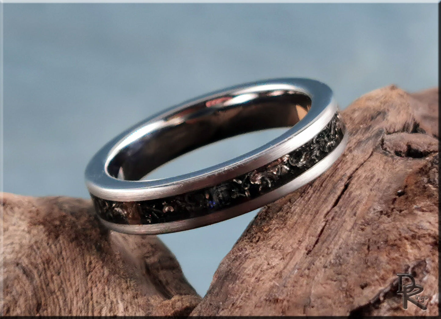 Brushed Tungsten Carbide Channel Ring w/offset Meteorite inlay - metal ring