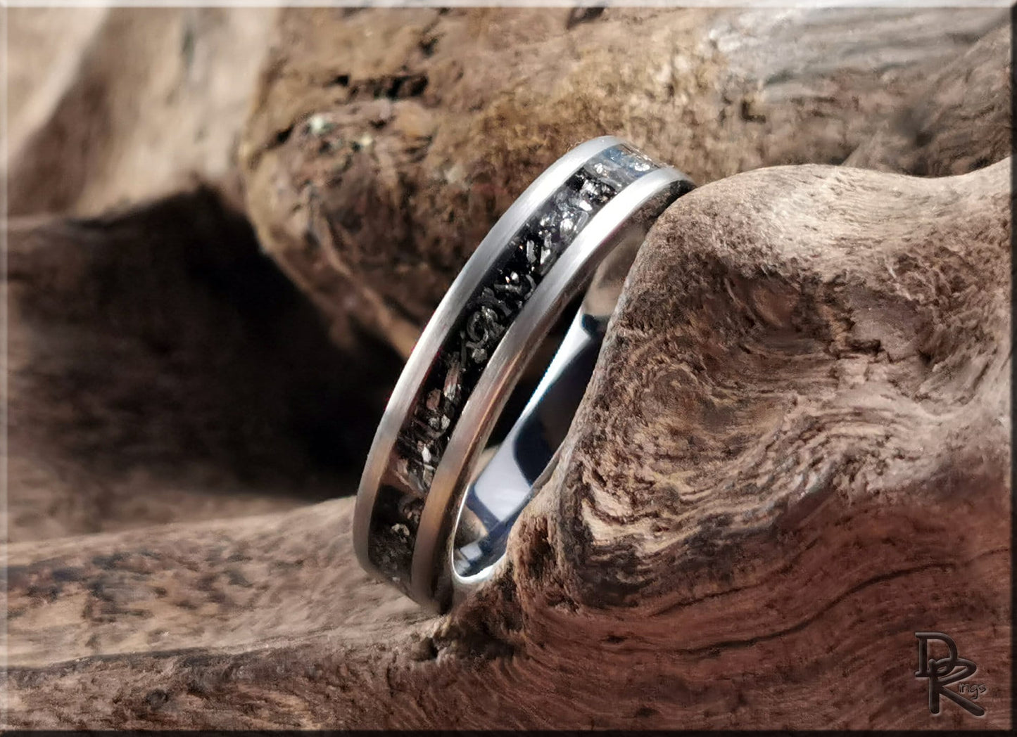Brushed Tungsten Carbide Channel Ring w/offset Meteorite inlay - metal ring