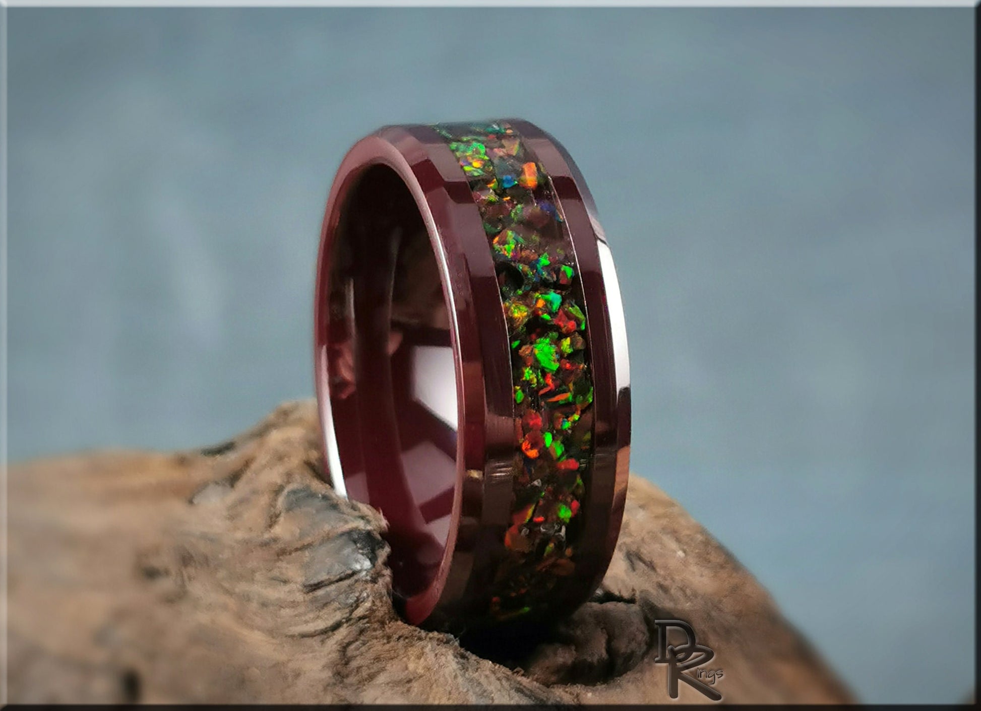 Polished Coloured Ceramic Channel Ring w/Opal inlay - ceramic ring