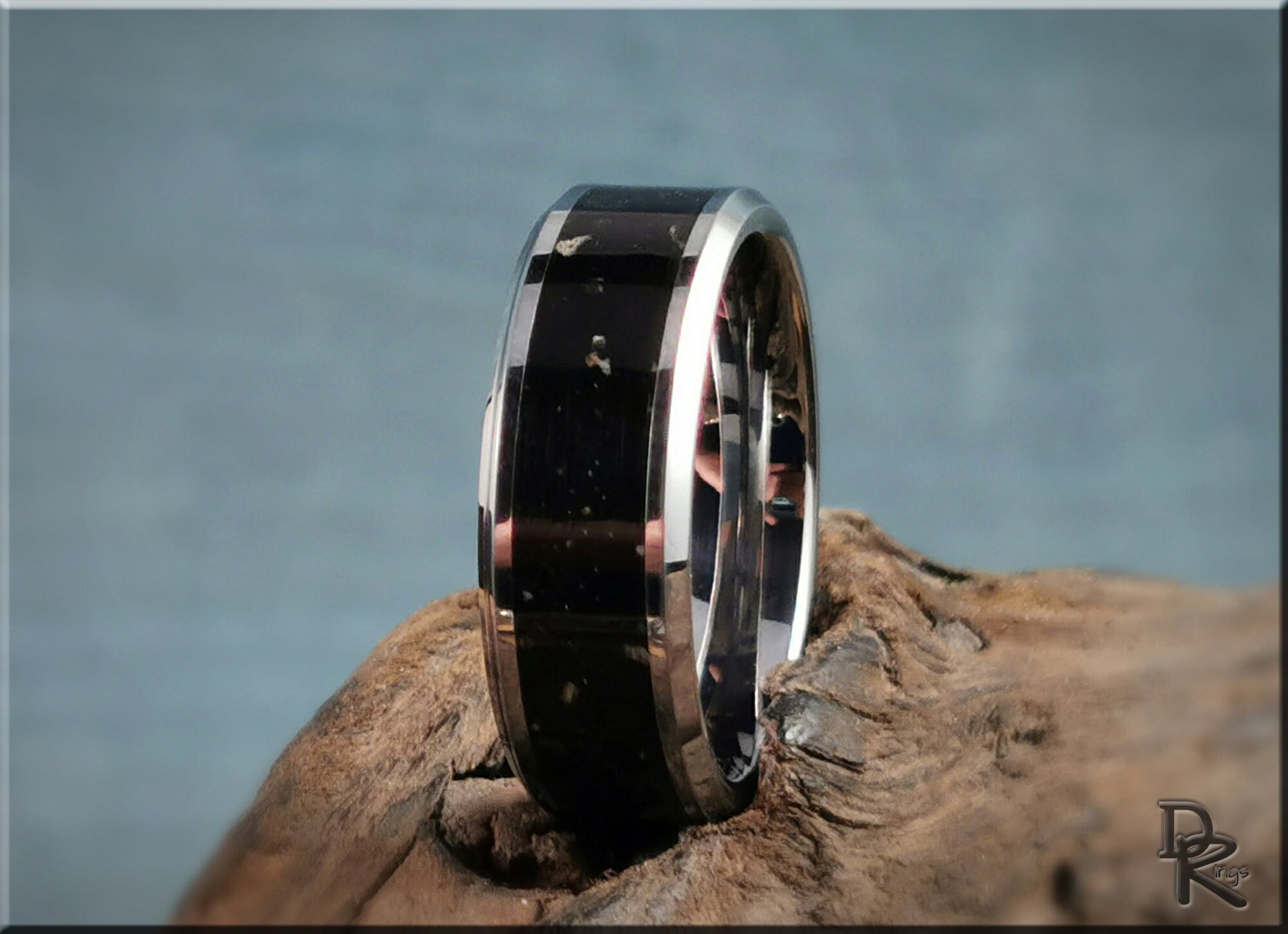 Tungsten Carbide Channel Ring w/Scottish Basaltic Sand inlay - metal ring