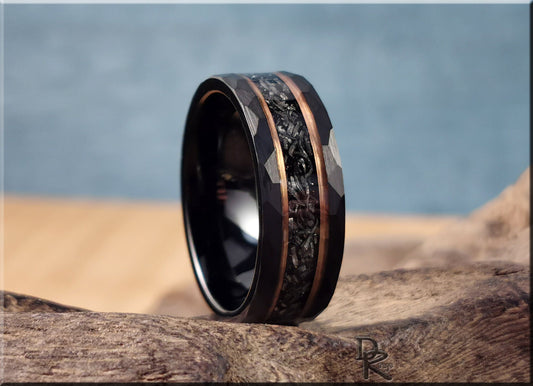 Hammered Black Tungsten Carbide Channel Ring w/Meteorite and Rose Gold inlays - tungsten ring