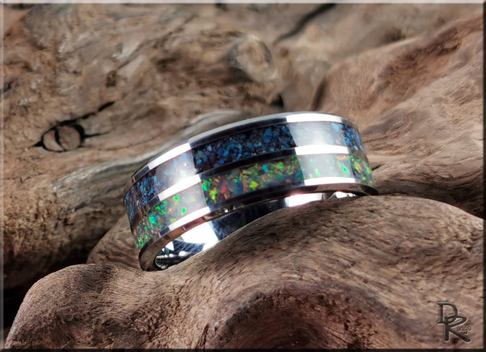 Dual Channel Tungsten Carbide Ring w/Shattuckite and Opal inlays - metal ring