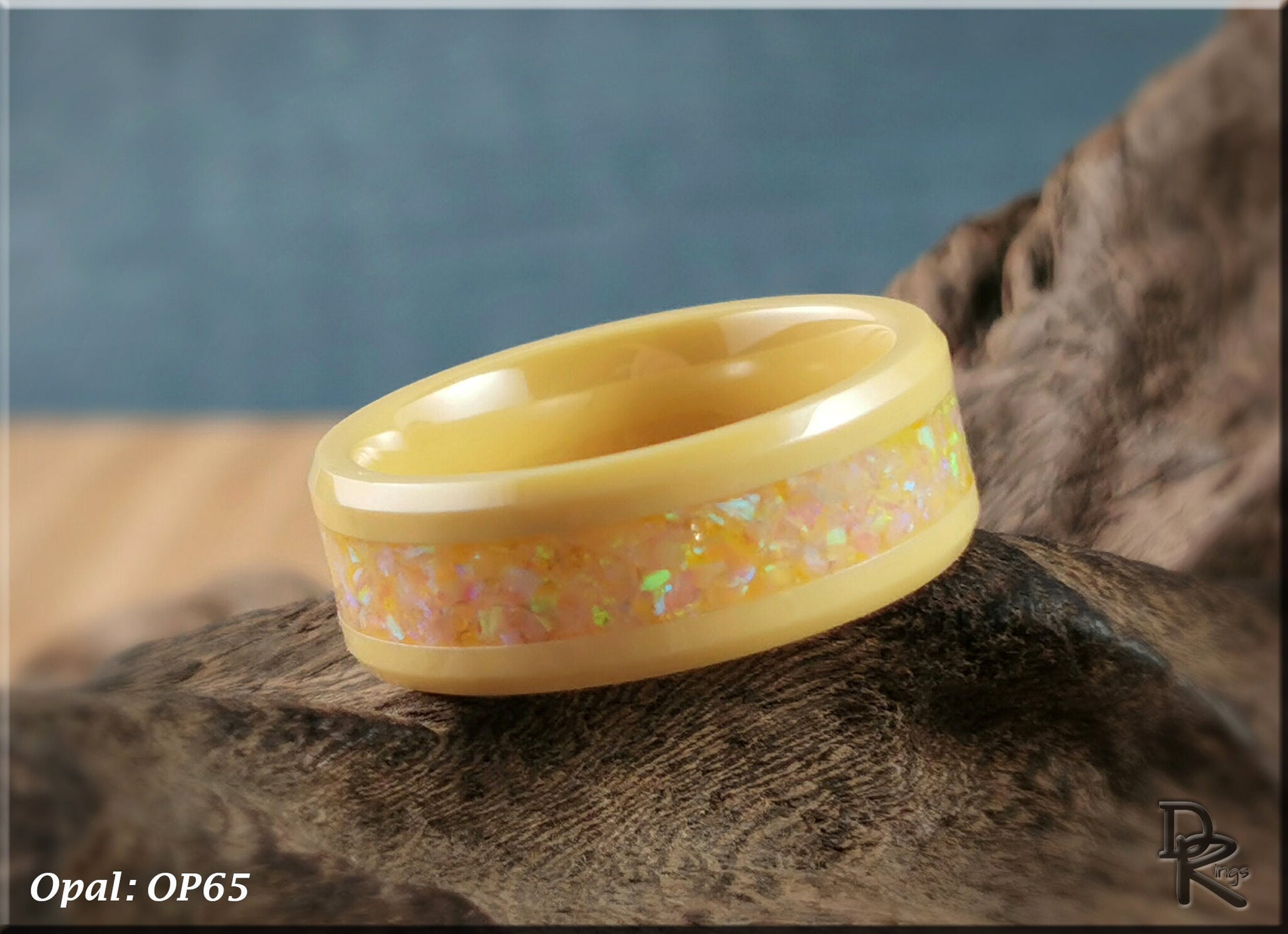 Polished Coloured Ceramic Channel Ring w/Opal inlay - ceramic ring