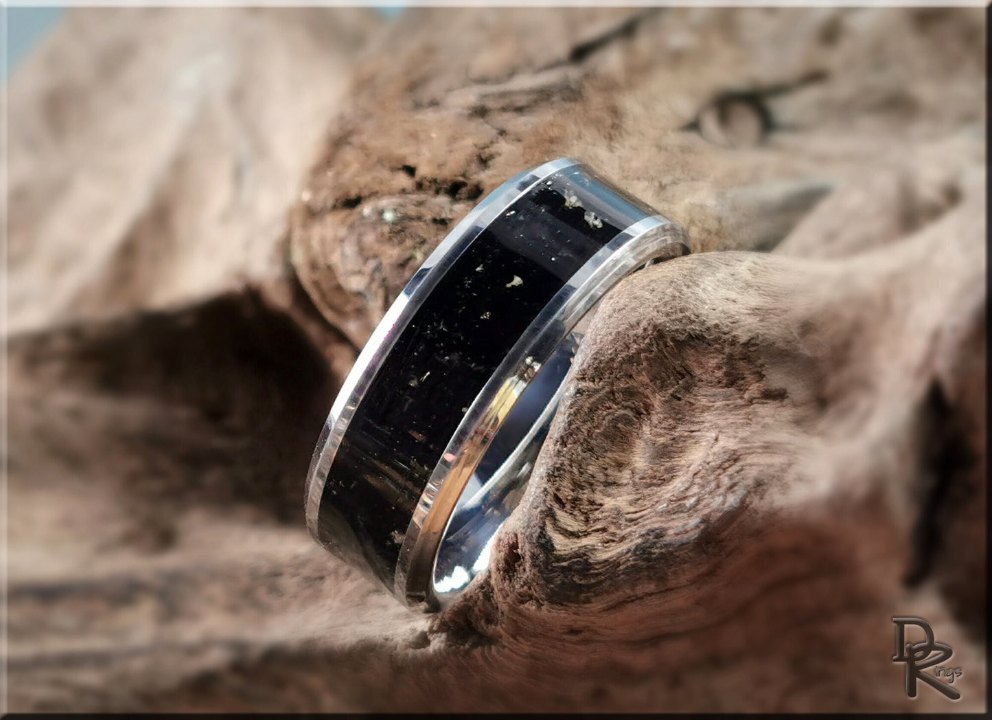 Tungsten Carbide Channel Ring w/Scottish Basaltic Sand inlay - metal ring