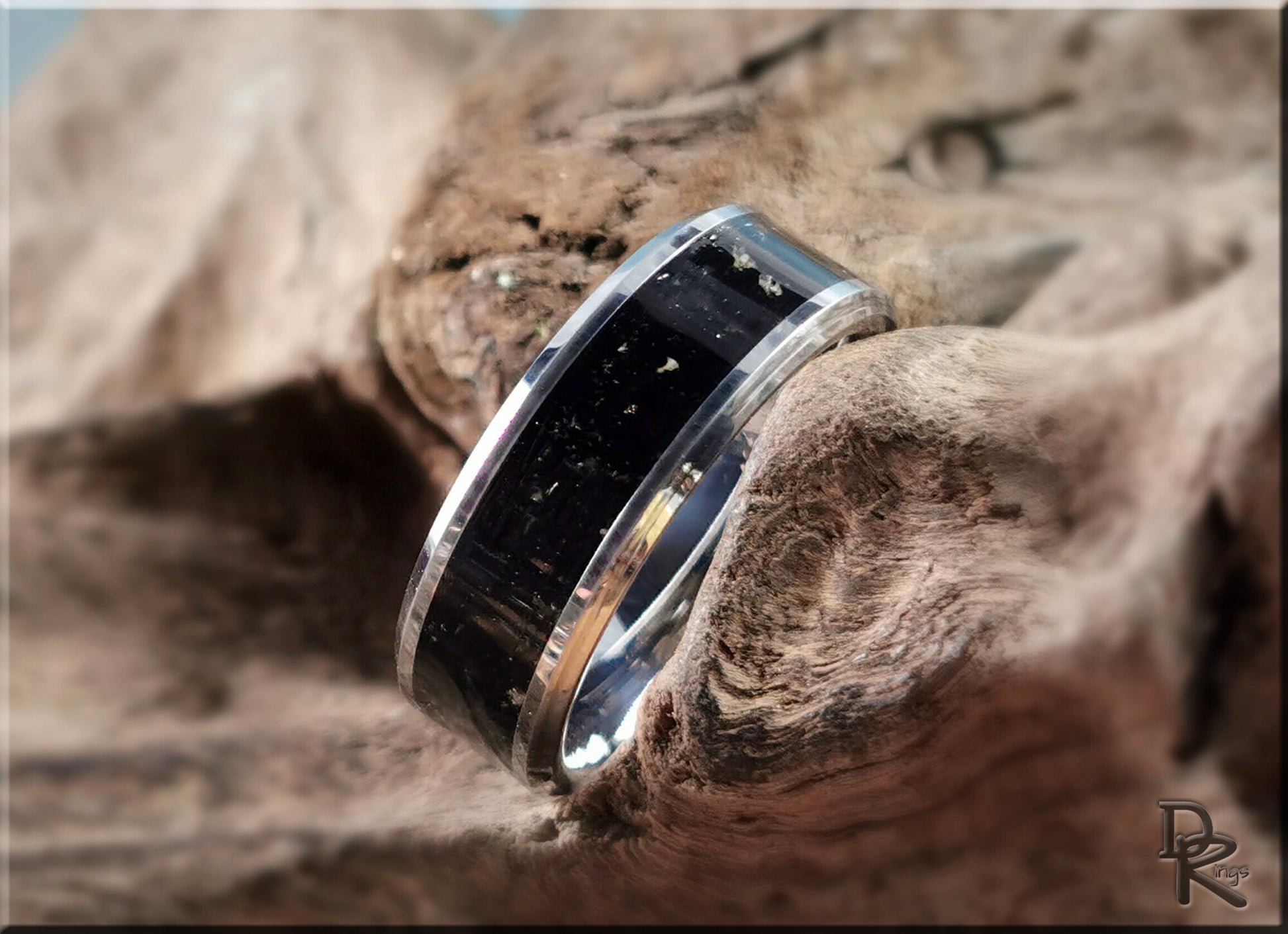 Tungsten Carbide Channel Ring w/Scottish Basaltic Sand inlay - metal ring