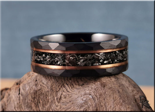 Hammered Black Tungsten Carbide Channel Ring w/Meteorite and Rose Gold inlays - tungsten ring