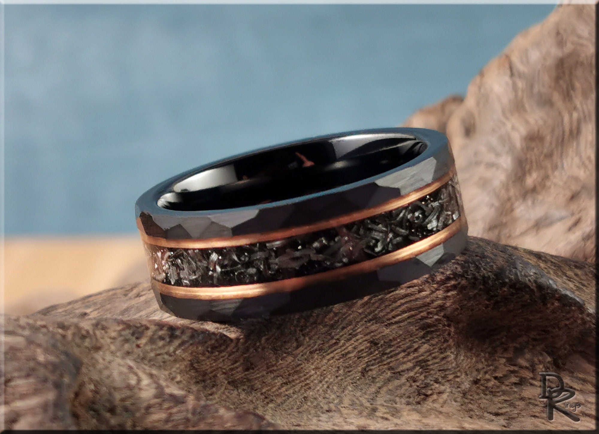 Hammered Black Tungsten Carbide Channel Ring w/Meteorite and Rose Gold inlays - tungsten ring