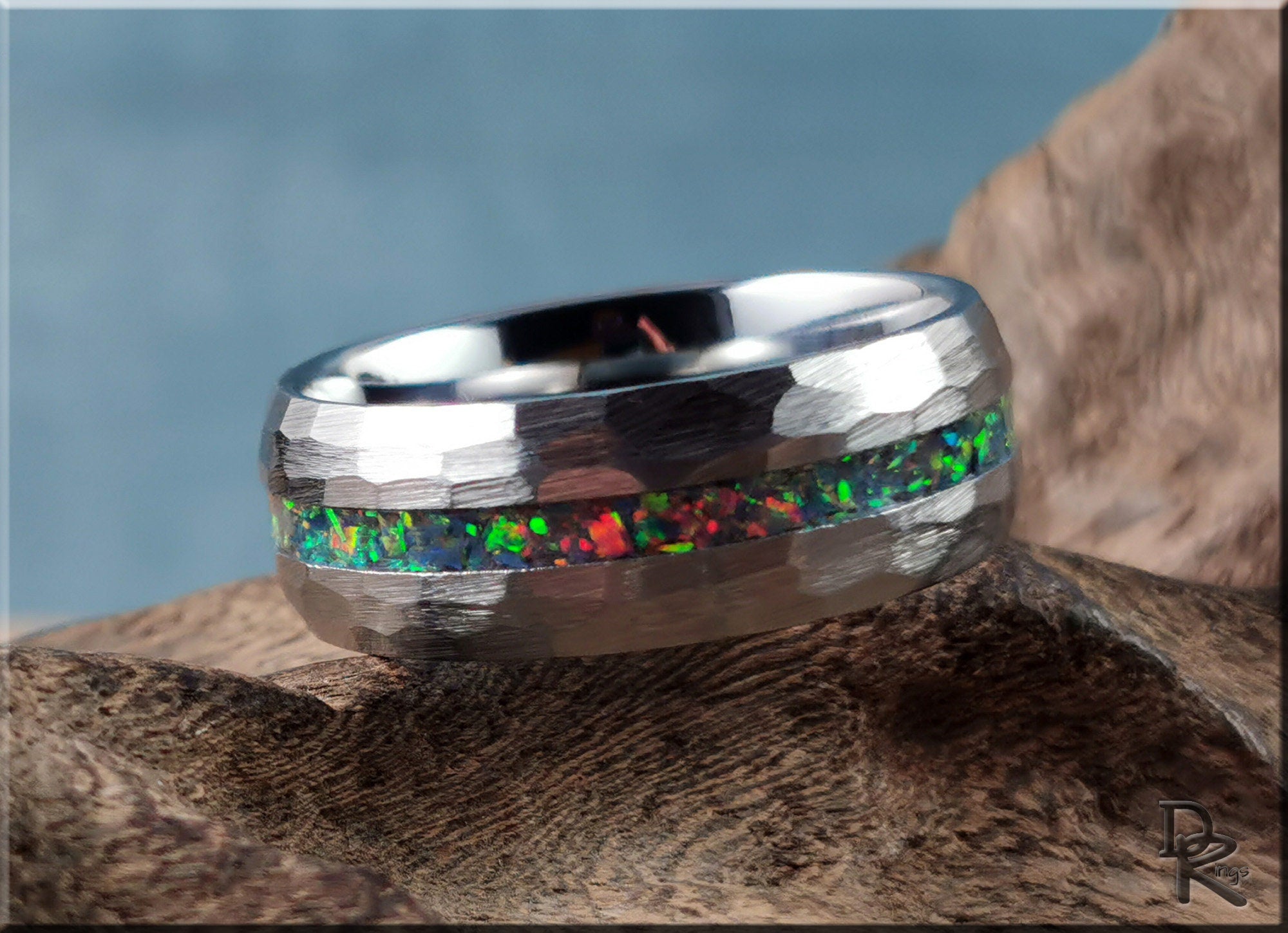 Hammered Tungsten Carbide Channel Ring w/Opal inlay - metal ring