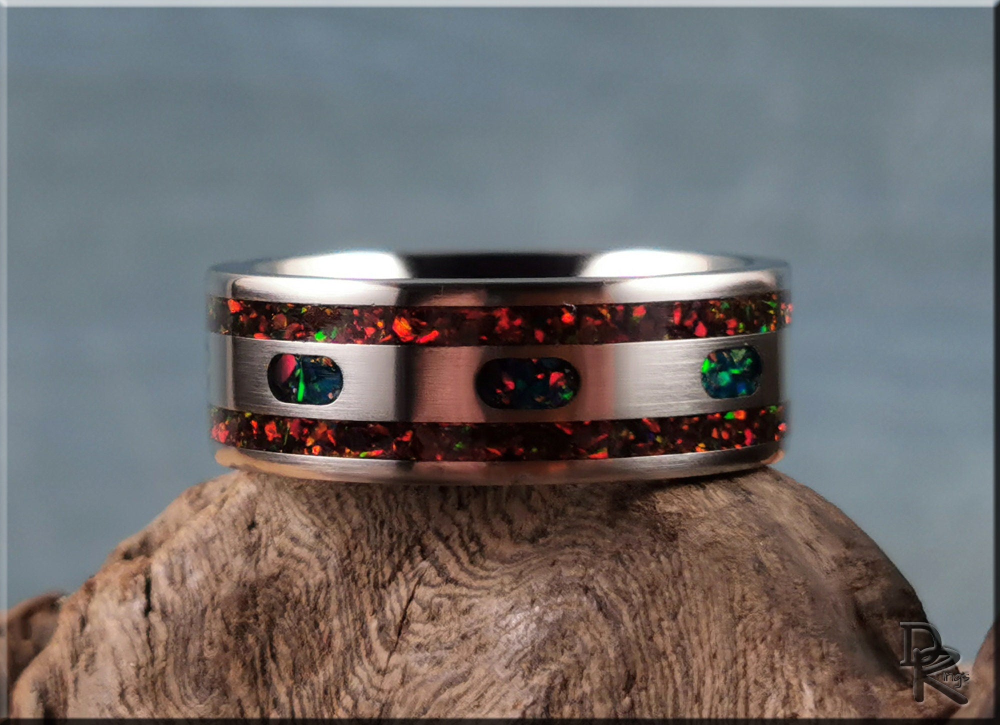 The 'Lined Ovals' Titanium Pattern Ring w/Dual Opal inlay - metal ring