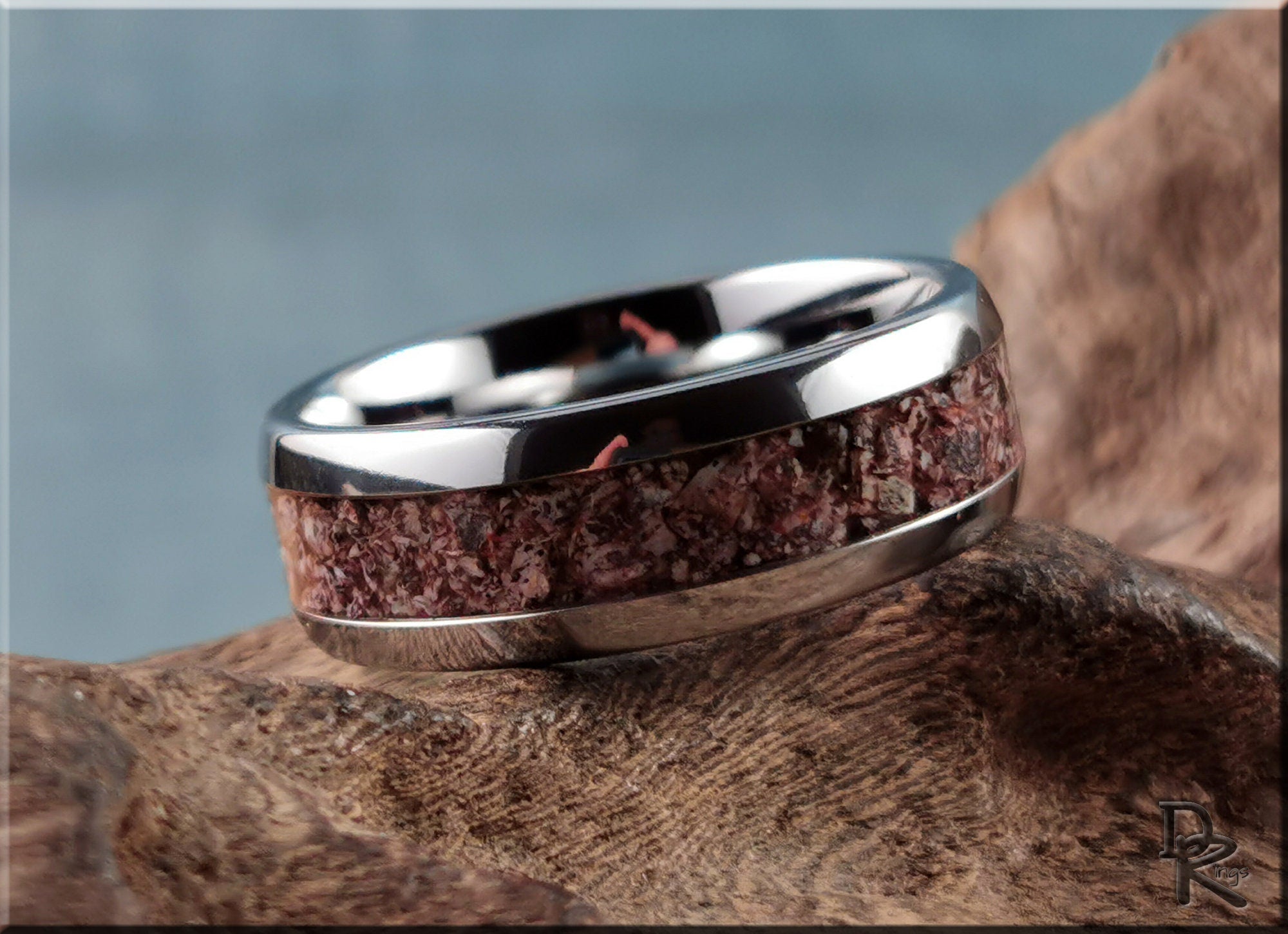 Domed Edge Tungsten Carbide Ring w/Fossilised Brontotherium Bone inlay - metal ring