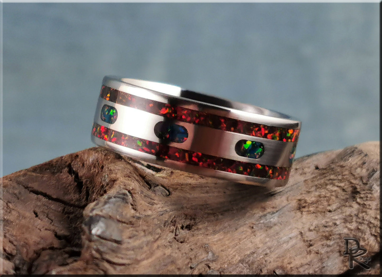 The 'Lined Ovals' Titanium Pattern Ring w/Dual Opal inlay - metal ring