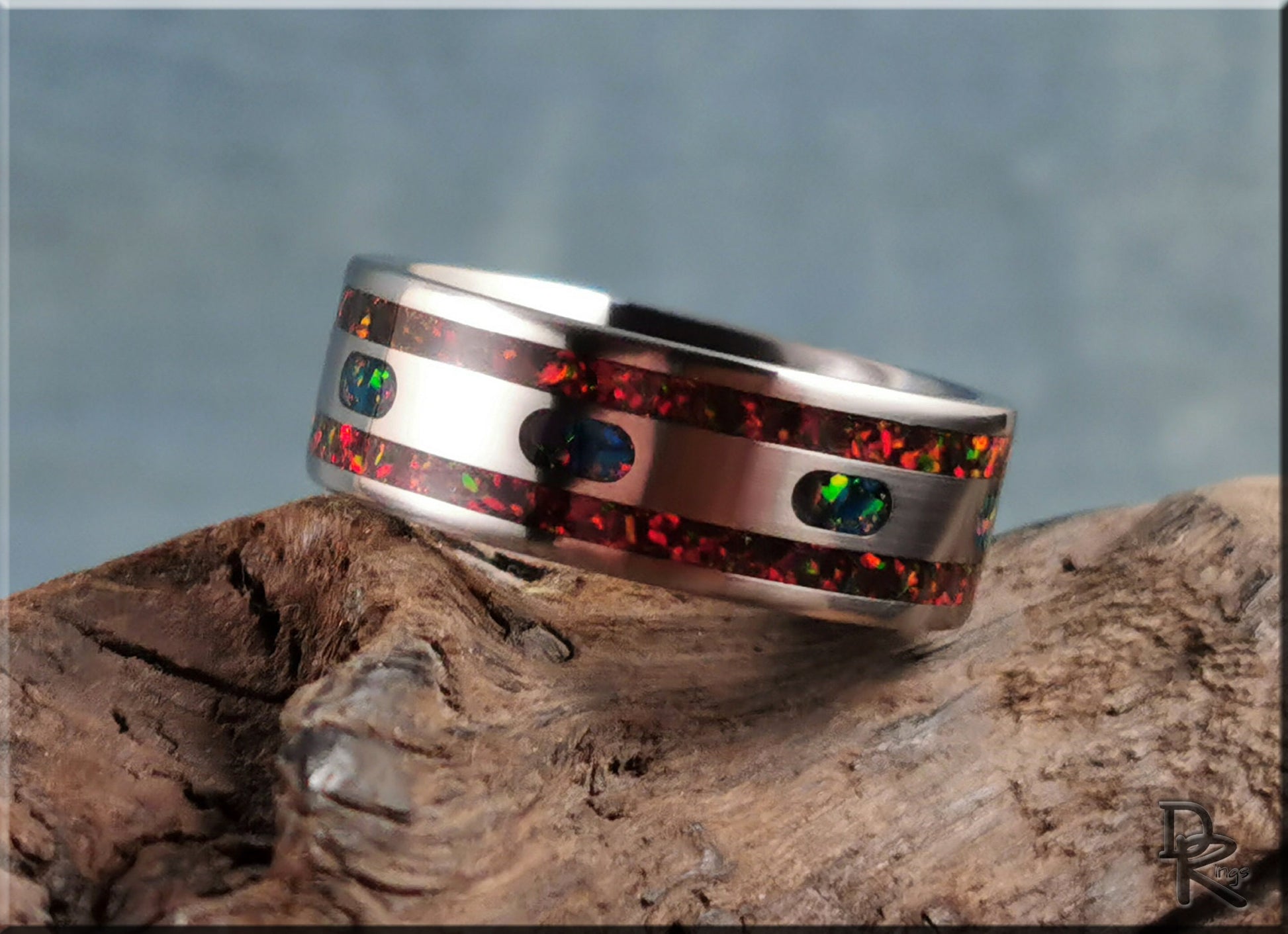 The 'Lined Ovals' Titanium Pattern Ring w/Dual Opal inlay - metal ring