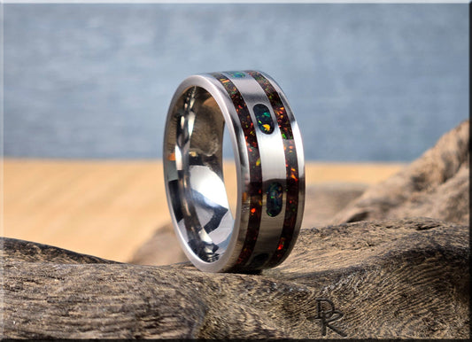 The 'Lined Ovals' Titanium Pattern Ring w/Dual Opal inlay - metal ring