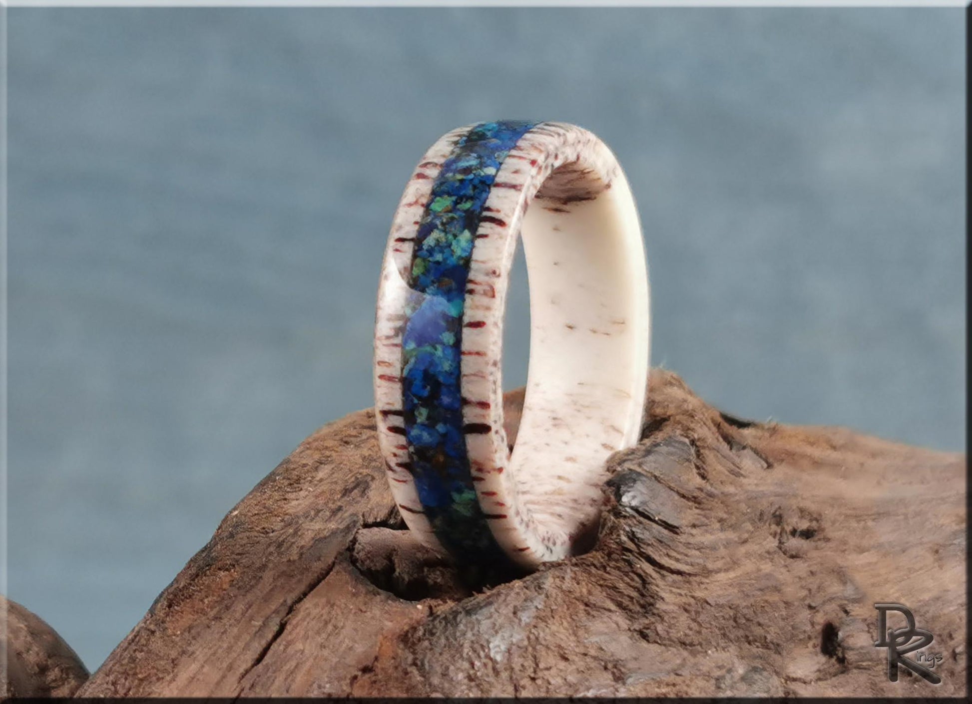 Deer Antler Channel Ring w/Azurite and Malachite stone inlay - antler ring