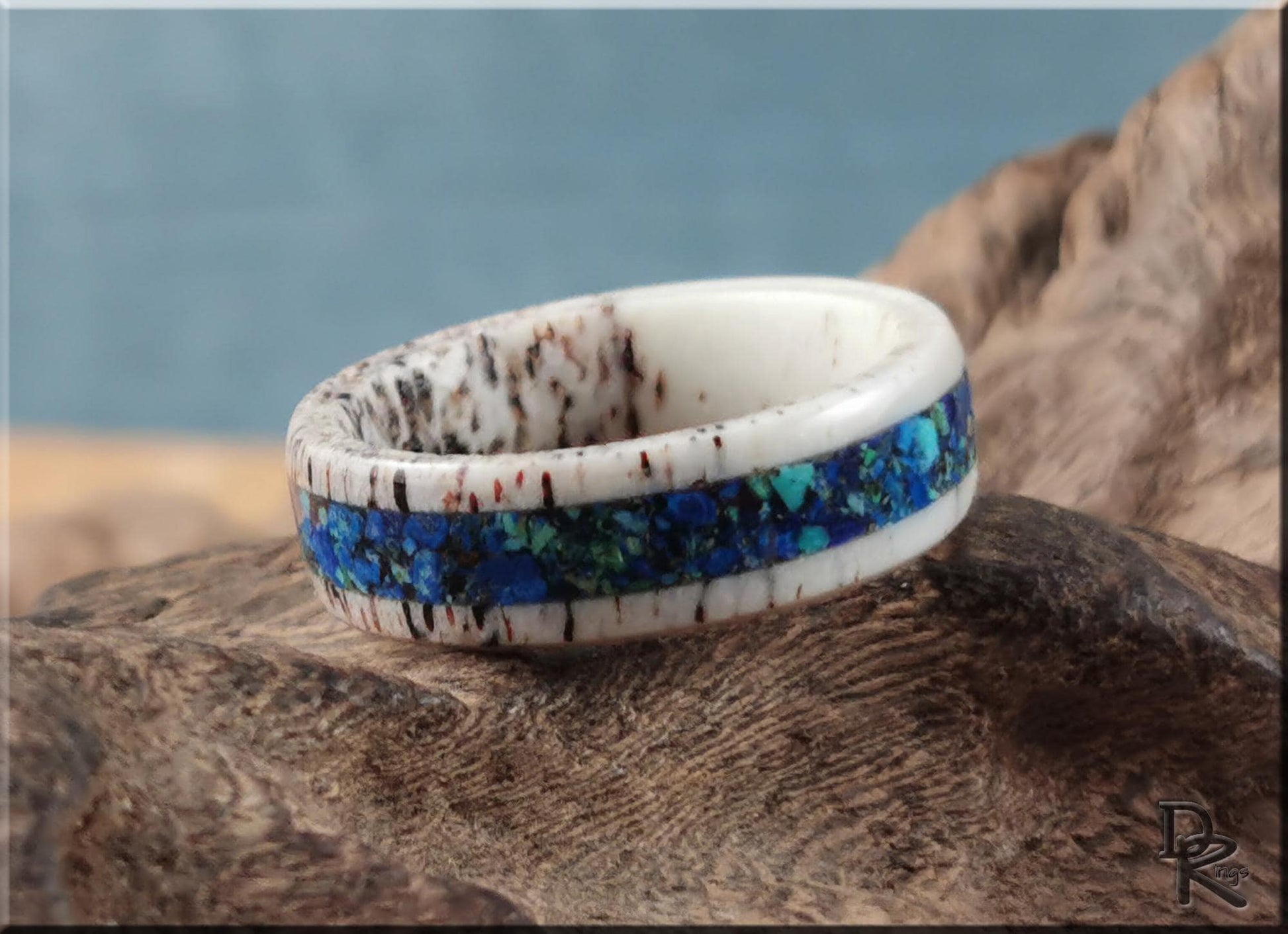 Deer Antler Channel Ring w/Azurite and Malachite stone inlay - antler ring
