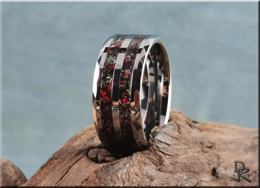 Hammered 10mm Tungsten Carbide Dual Channel Ring w/Meteorite and Opal inlays - metal ring