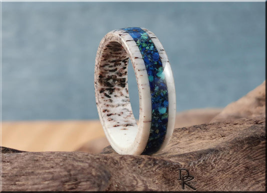 Deer Antler Channel Ring w/Azurite and Malachite stone inlay - antler ring