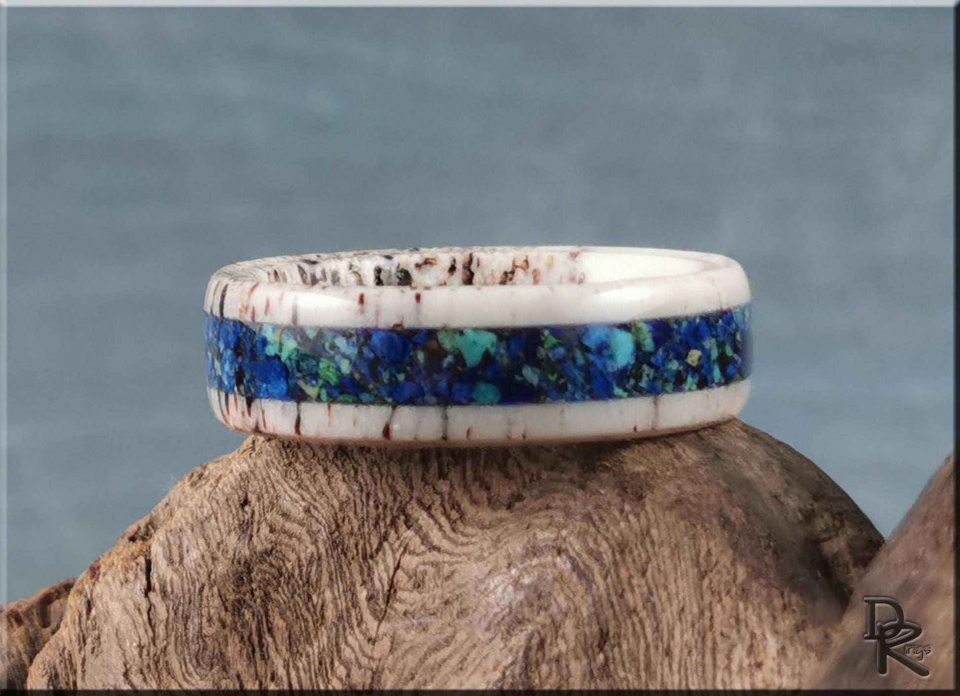 Deer Antler Channel Ring w/Azurite and Malachite stone inlay - antler ring