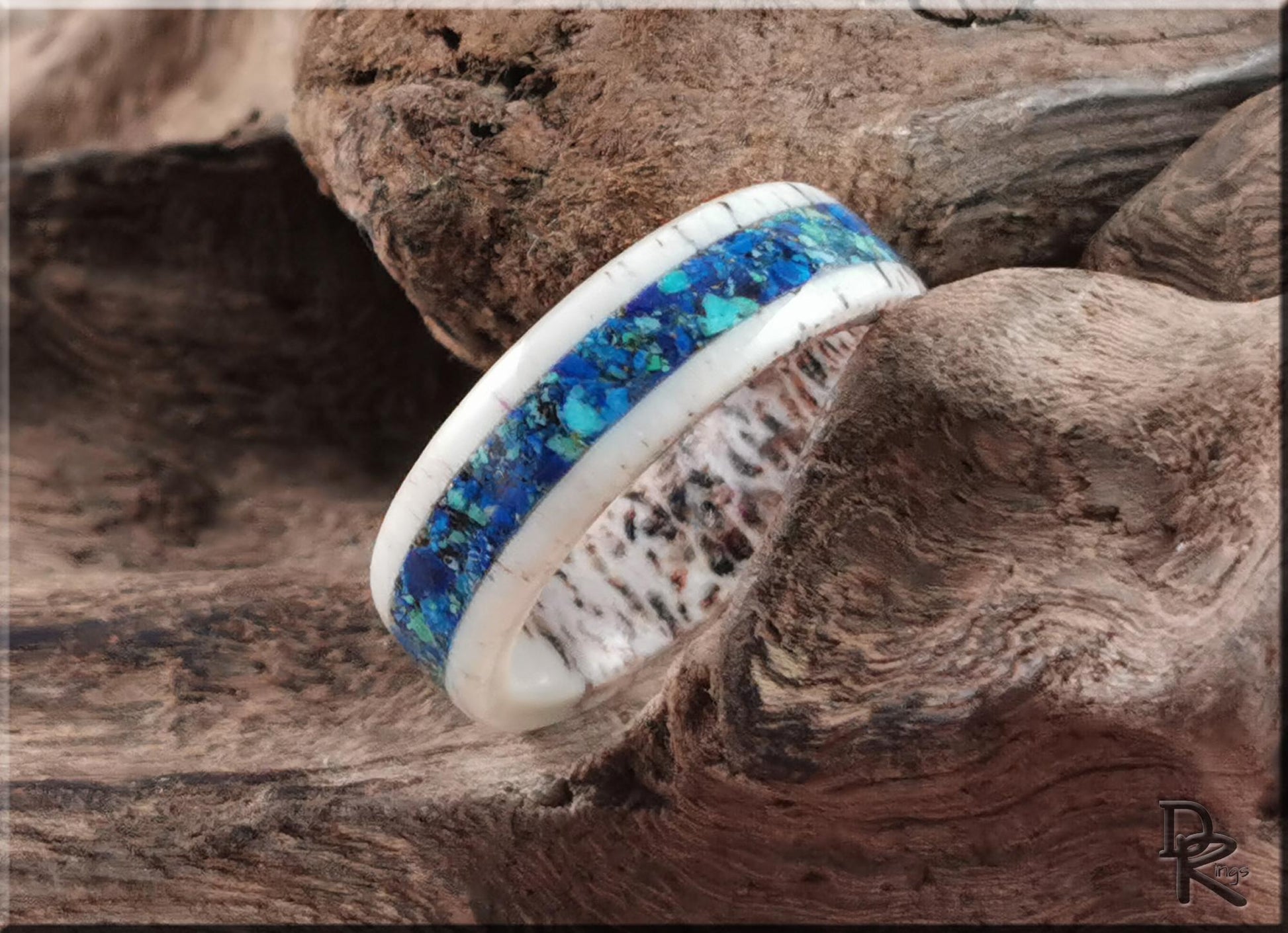 Deer Antler Channel Ring w/Azurite and Malachite stone inlay - antler ring