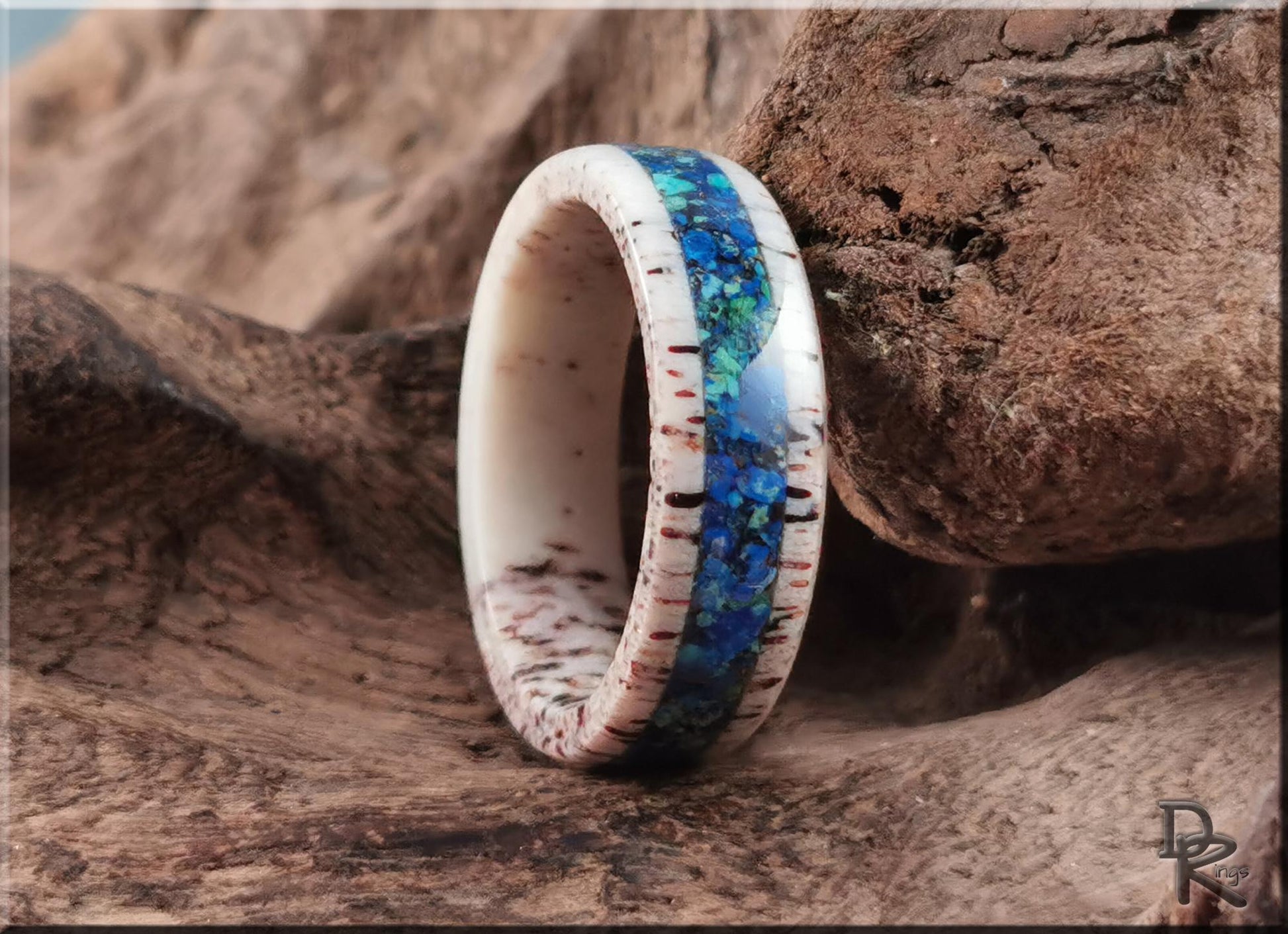 Deer Antler Channel Ring w/Azurite and Malachite stone inlay - antler ring