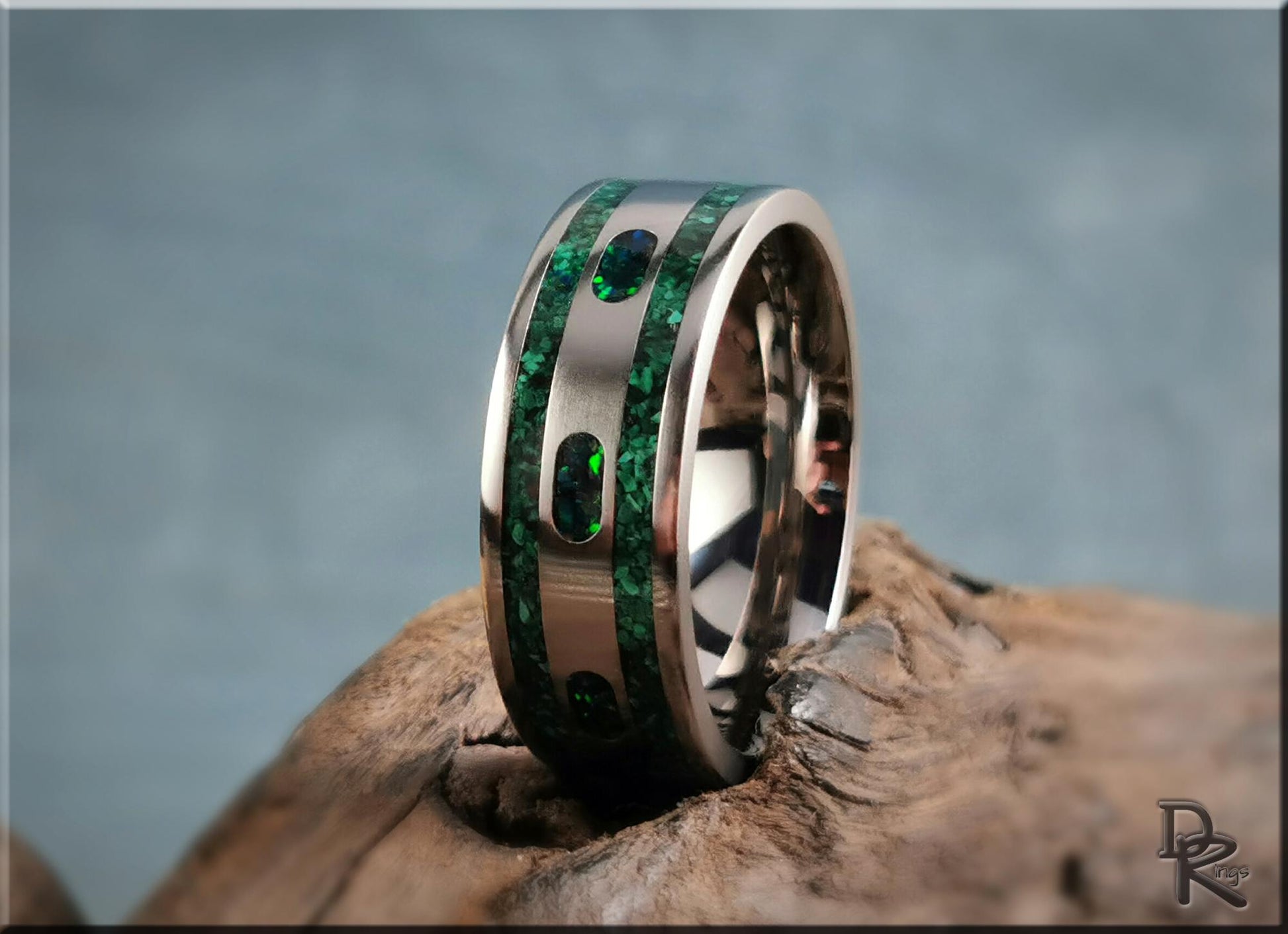 The 'Channel Capsules' Titanium Pattern Ring w/Malachite and Opal inlays - metal ring