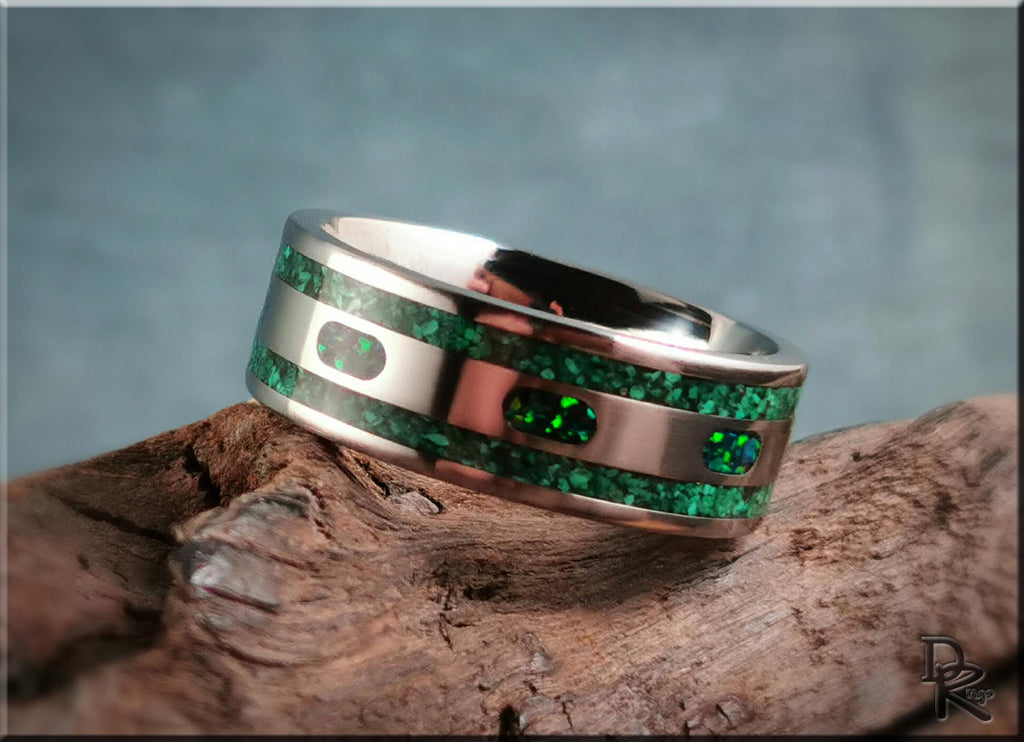 The 'Channel Capsules' Titanium Pattern Ring w/Malachite and Opal inlays - metal ring