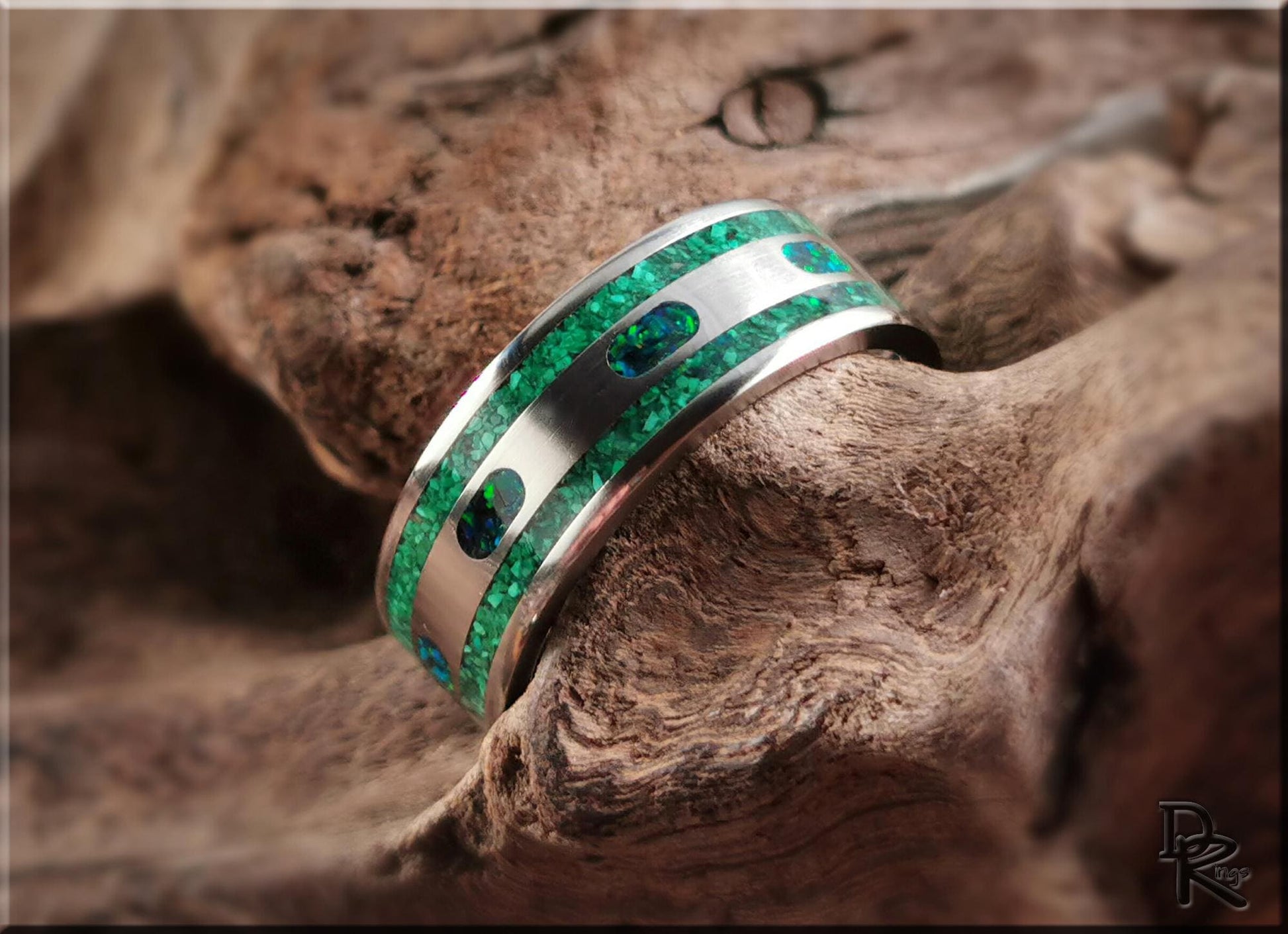 The 'Channel Capsules' Titanium Pattern Ring w/Malachite and Opal inlays - metal ring