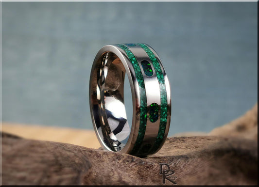 The 'Channel Capsules' Titanium Pattern Ring w/Malachite and Opal inlays - metal ring