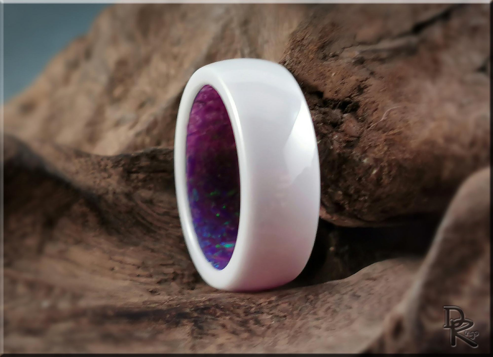 Polished White Ceramic Inner Channel Ring w/Opal inlay - ceramic ring