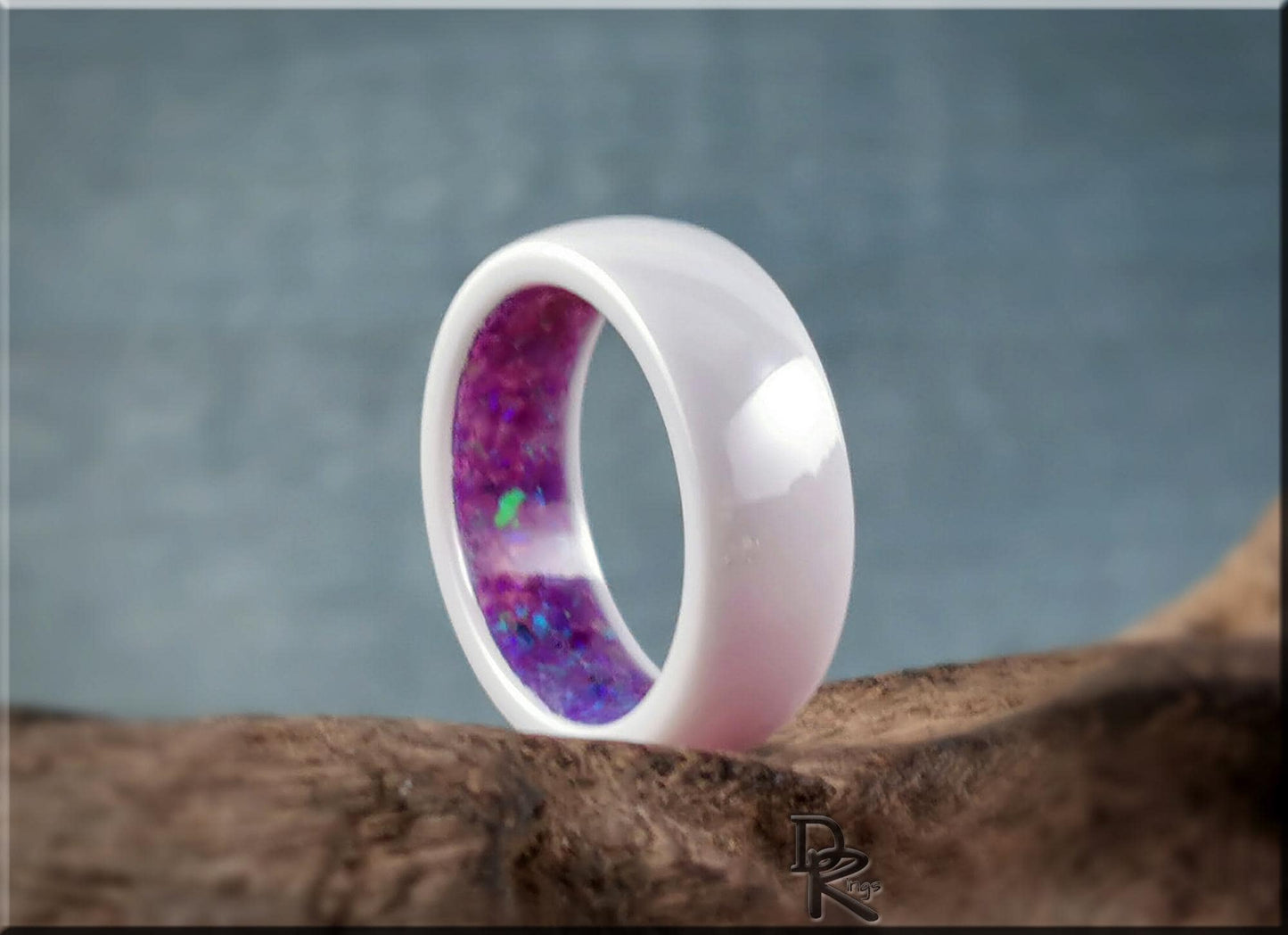 Polished White Ceramic Inner Channel Ring w/Opal inlay - ceramic ring
