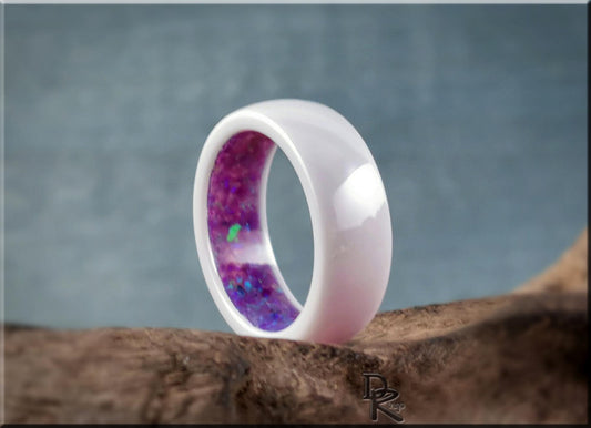 Polished White Ceramic Inner Channel Ring w/Opal inlay - ceramic ring