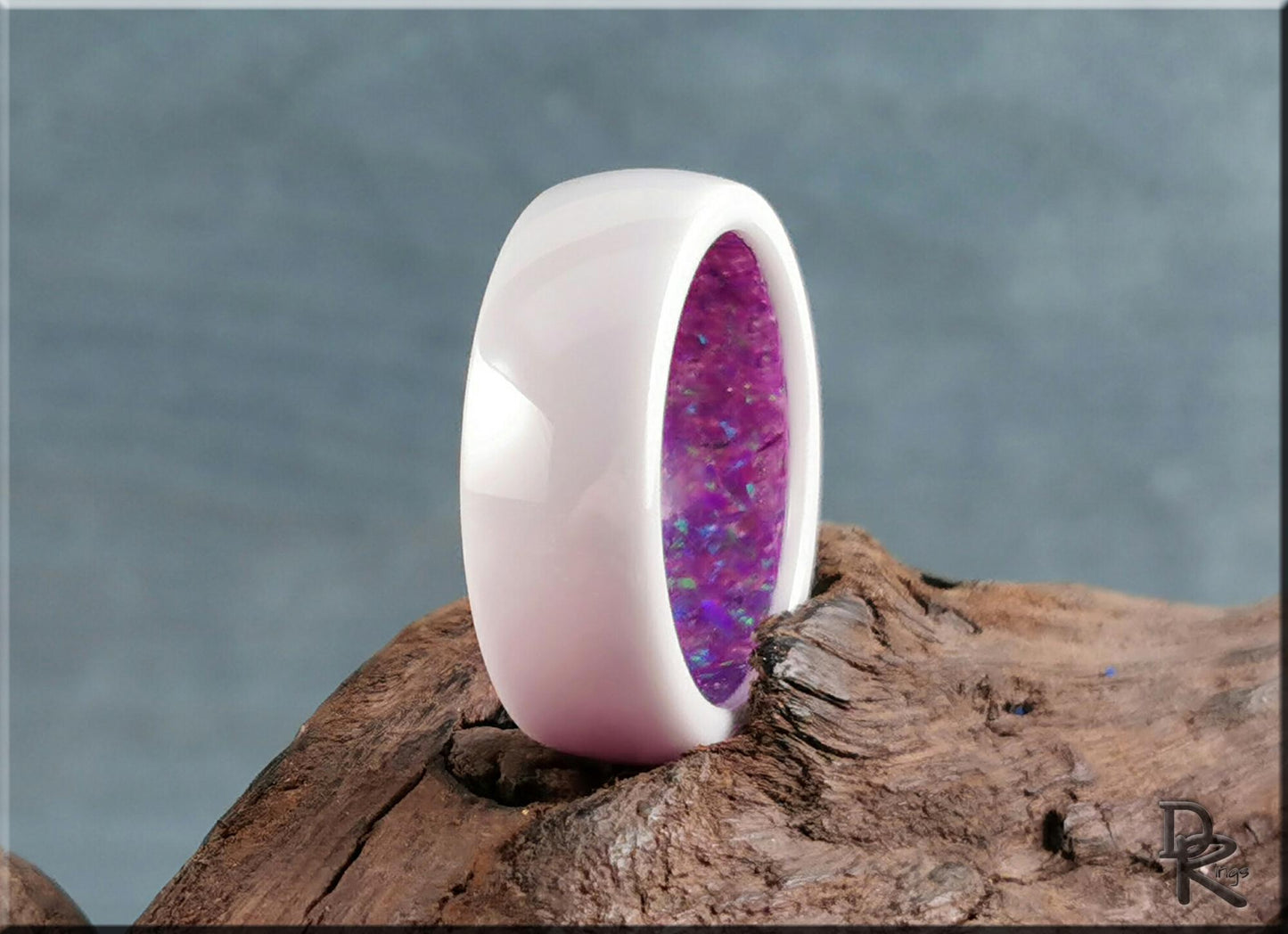 Polished White Ceramic Inner Channel Ring w/Opal inlay - ceramic ring