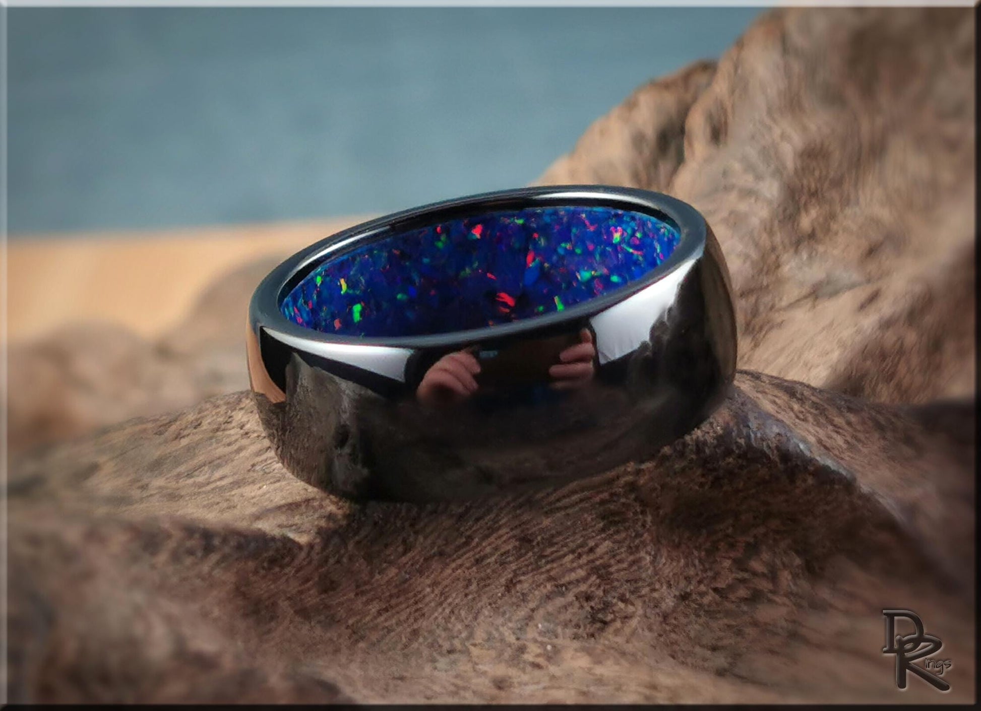 Polished Black Ceramic Inner Channel Ring w/Opal inlay - ceramic ring