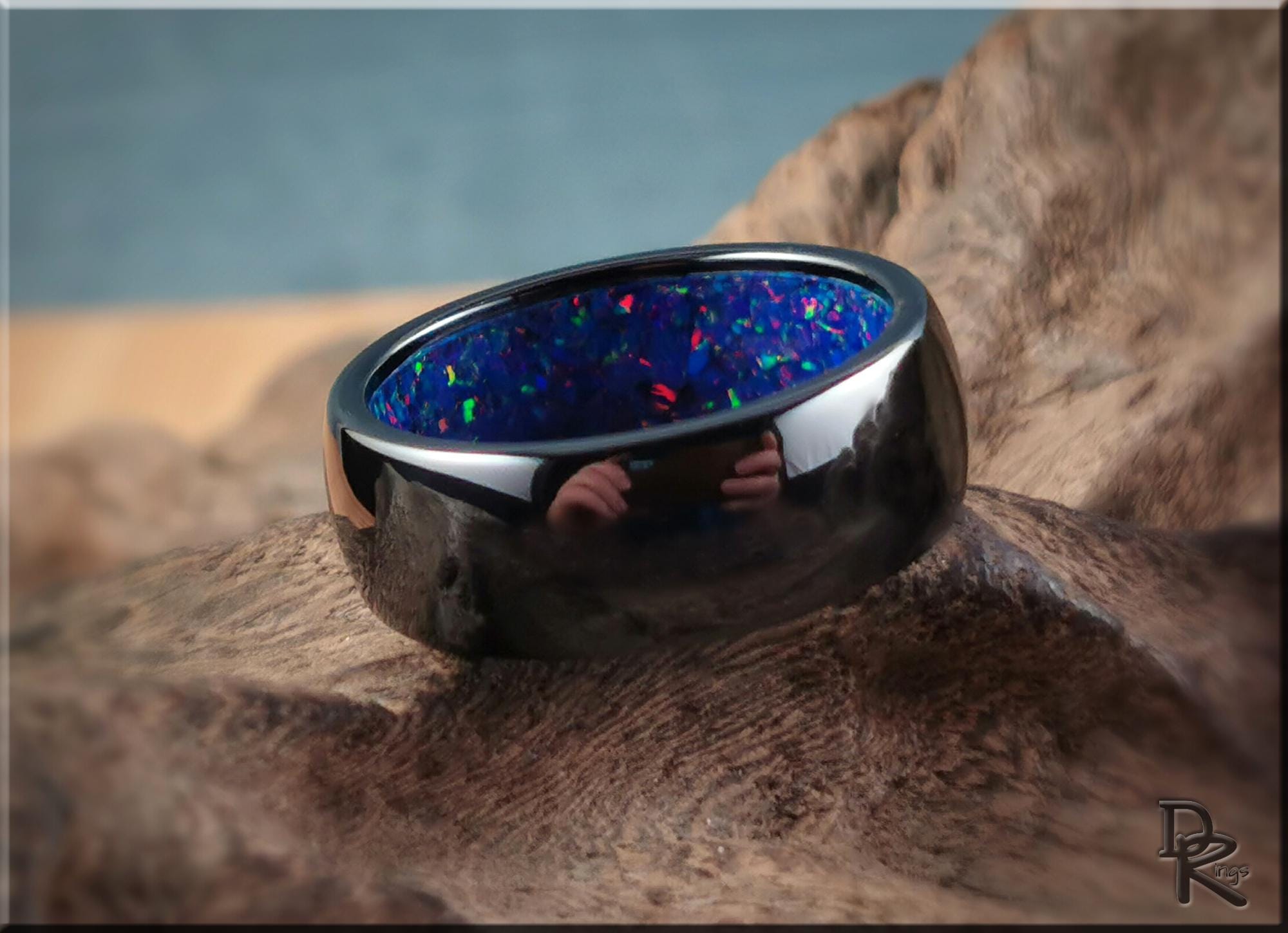 Polished Black Ceramic Inner Channel Ring w/Opal inlay - ceramic ring
