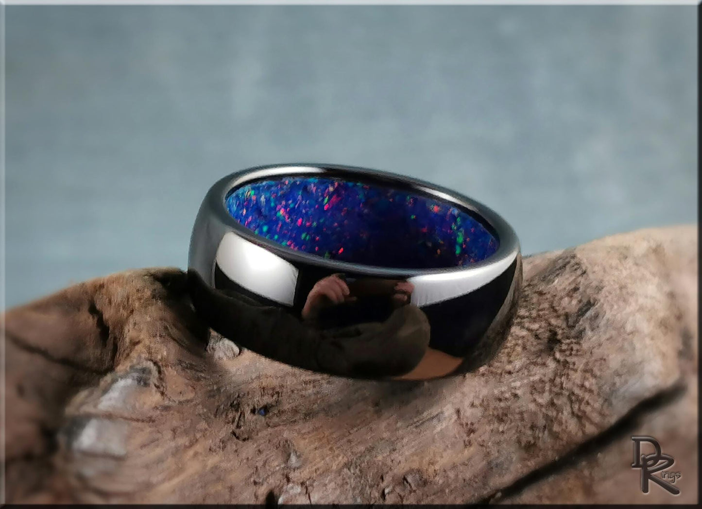 Polished Black Ceramic Inner Channel Ring w/Opal inlay - ceramic ring