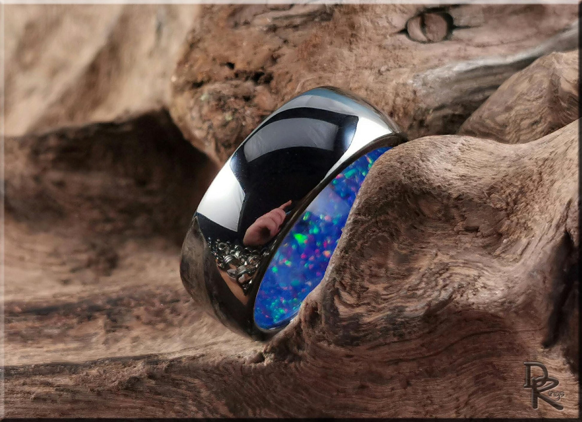Polished Black Ceramic Inner Channel Ring w/Opal inlay - ceramic ring