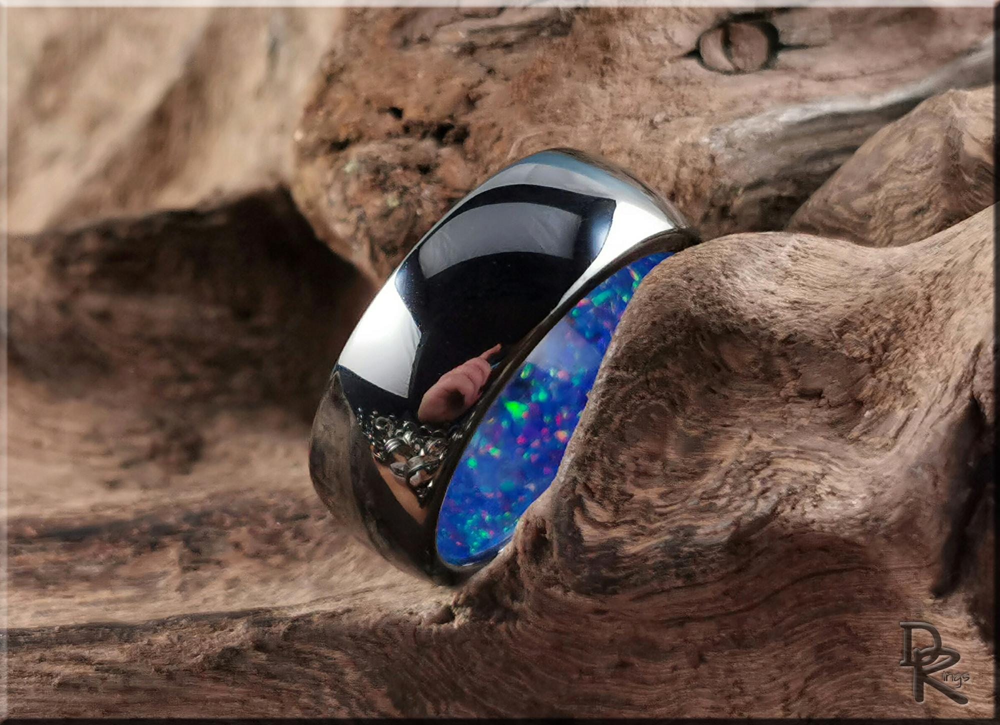 Polished Black Ceramic Inner Channel Ring w/Opal inlay - ceramic ring